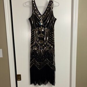 Black Sequin Fringe Mini Dress with Gold Accents